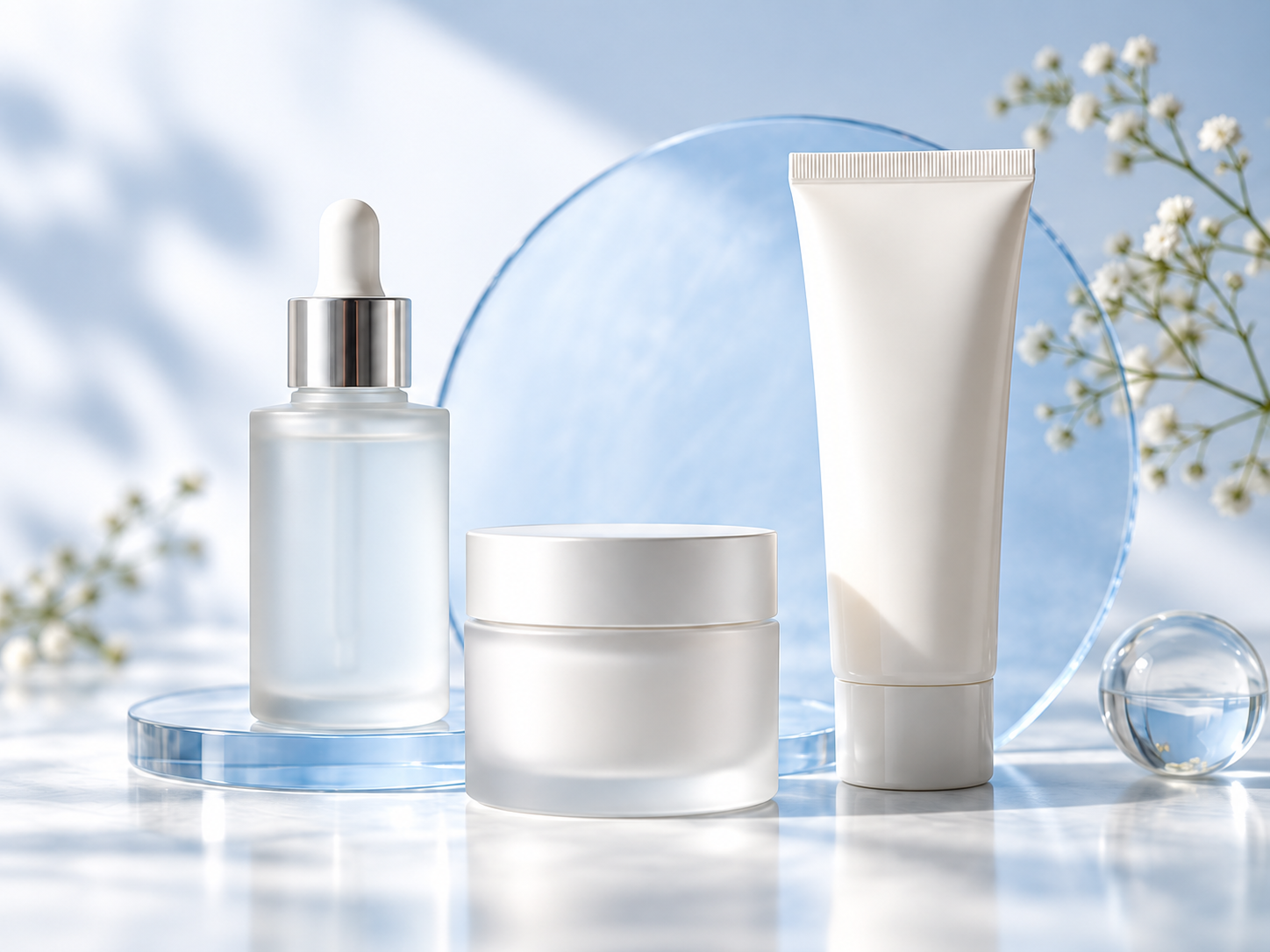 Illustrative cosmetics packaging: a frosted serum bottle, a cream jar, and an ivory tube displayed on pale-blue glass.
